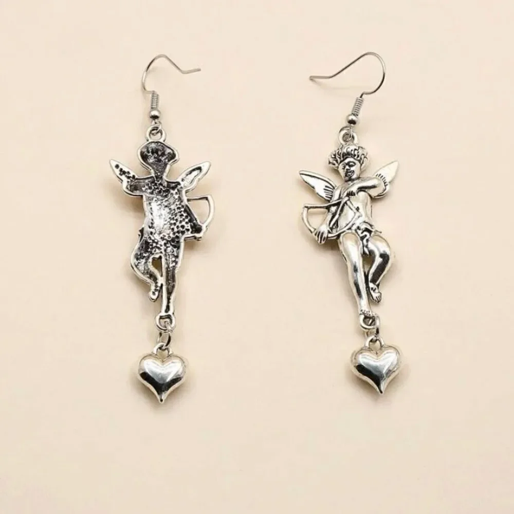 Pair of cupid, dangle drop earrings, heart, love, arrow, silver